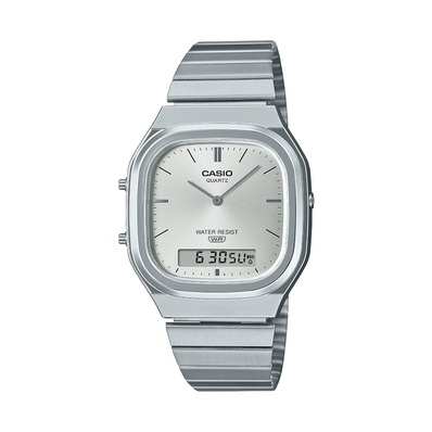 Silver Casio Square watch with digital display on a white background