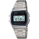 Digital watch with metal strap on a white background