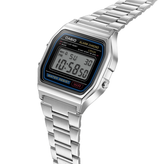 Silver Casio digital watch on a white background