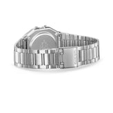Silver Casio watch with metal band on a white background