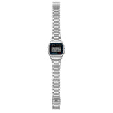Digital watch with silver metal strap on a white background