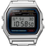Casio digital watch with a silver metal band on a white background