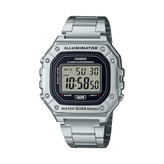 Silver Casio digital watch on a white background