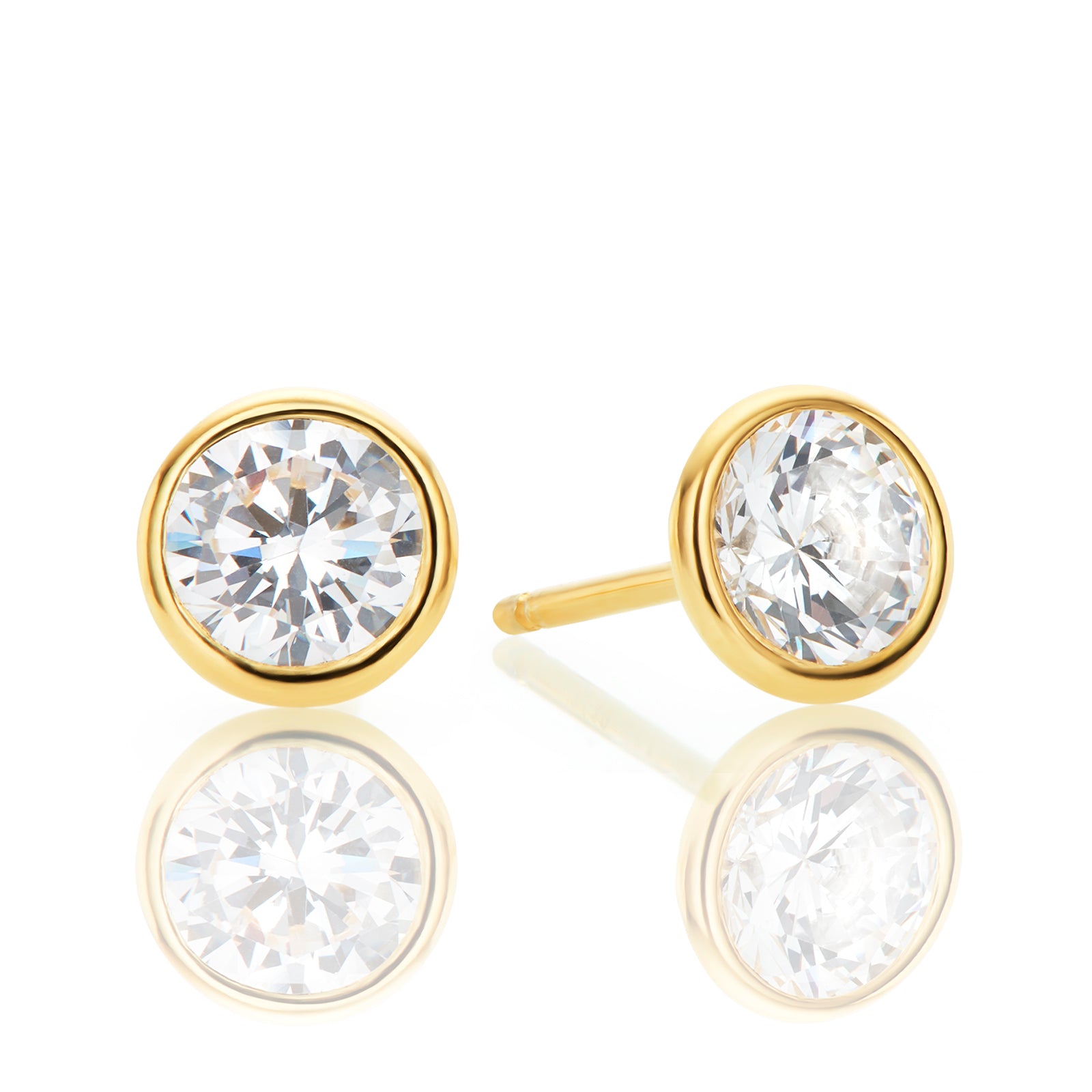 9ct Yellow Gold Silver Filled Round White Cubic Zirconia Bezel Stud Earrings