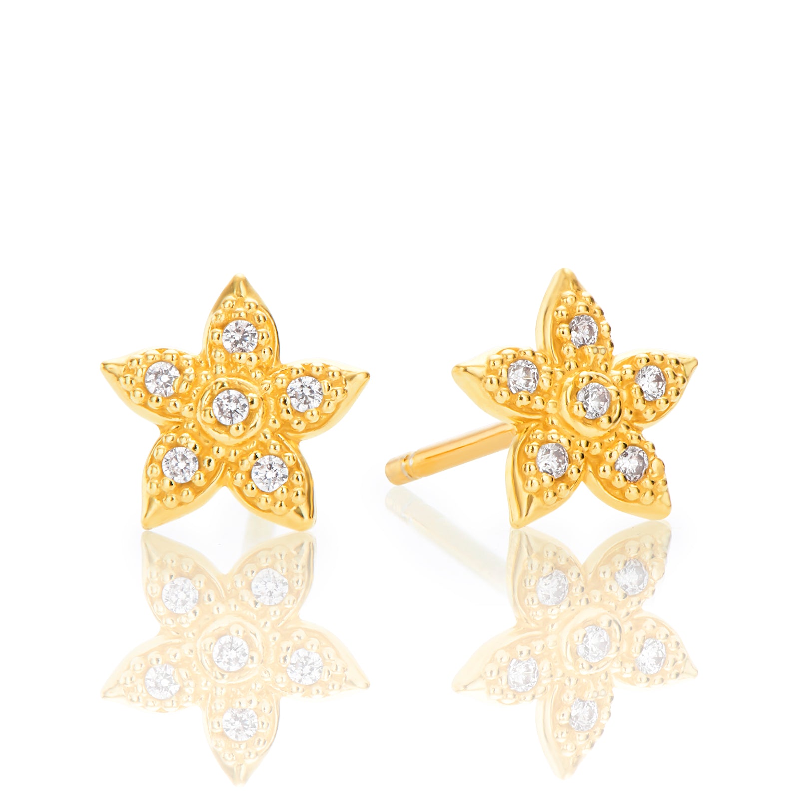 9ct Yellow Gold Silver Filled White Cubic Zirconia Flower Stud Earrings