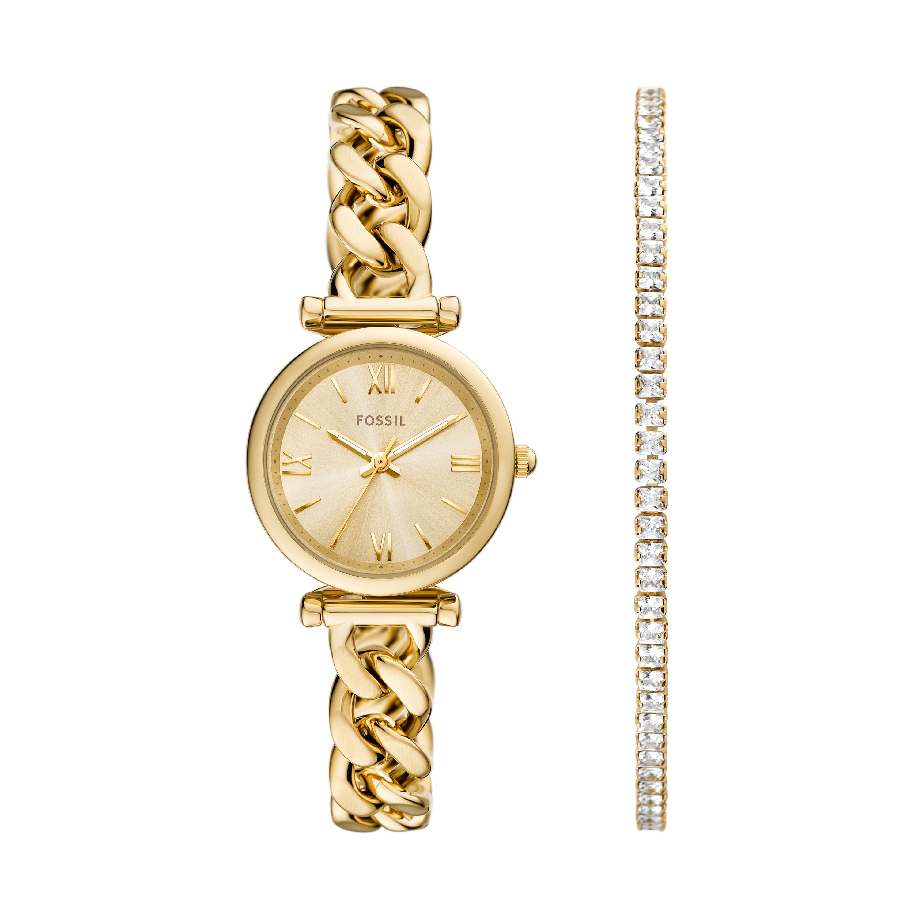 Fossil Carlie Gold Tone Stainless Steel Watch & Tennis Bracelet Set ES5387SET