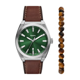 Fossil Everett Three-Hand Date Brown Leather Watch and Bracelet Set FS6080SET