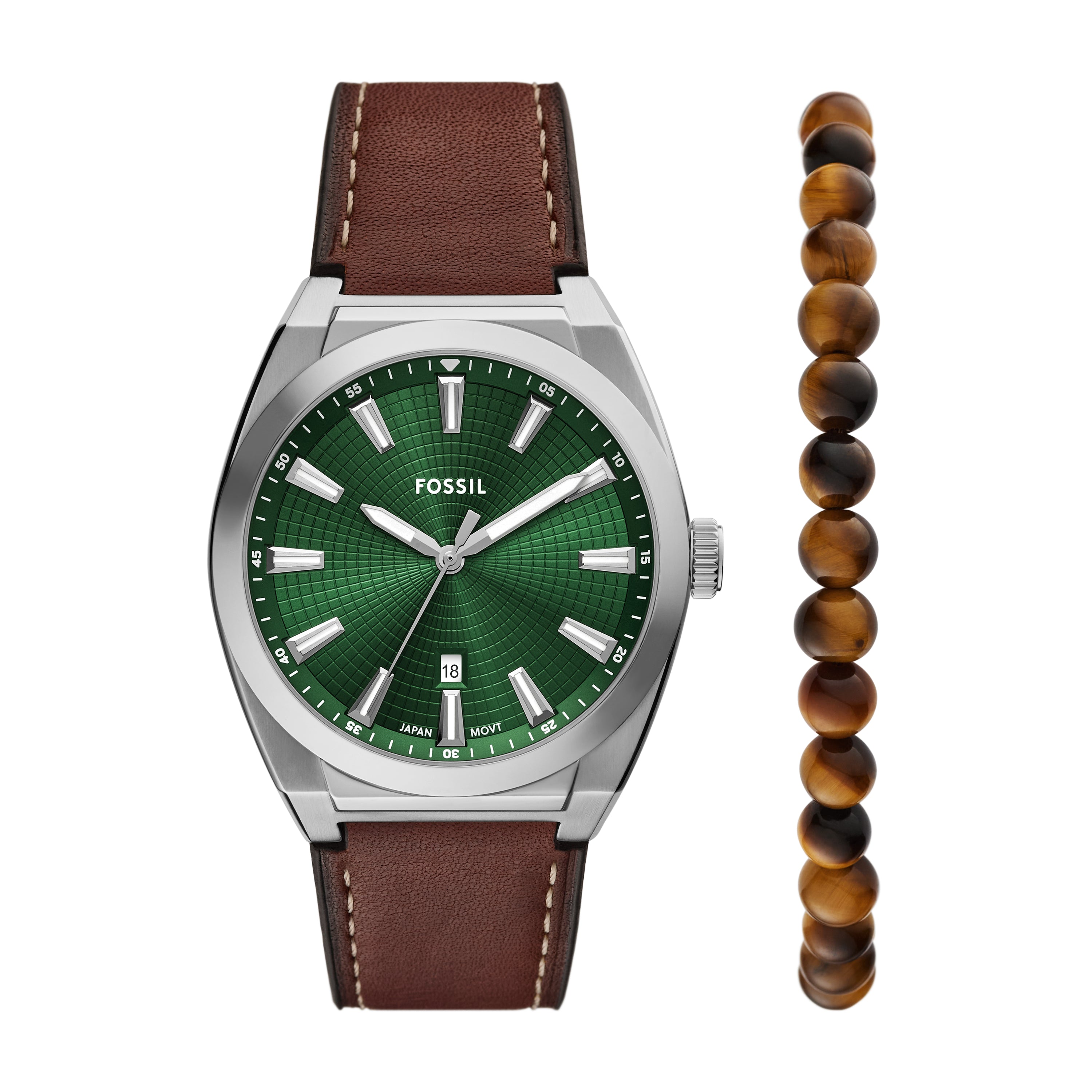 Fossil Everett Three-Hand Date Brown Leather Watch and Bracelet Set FS6080SET