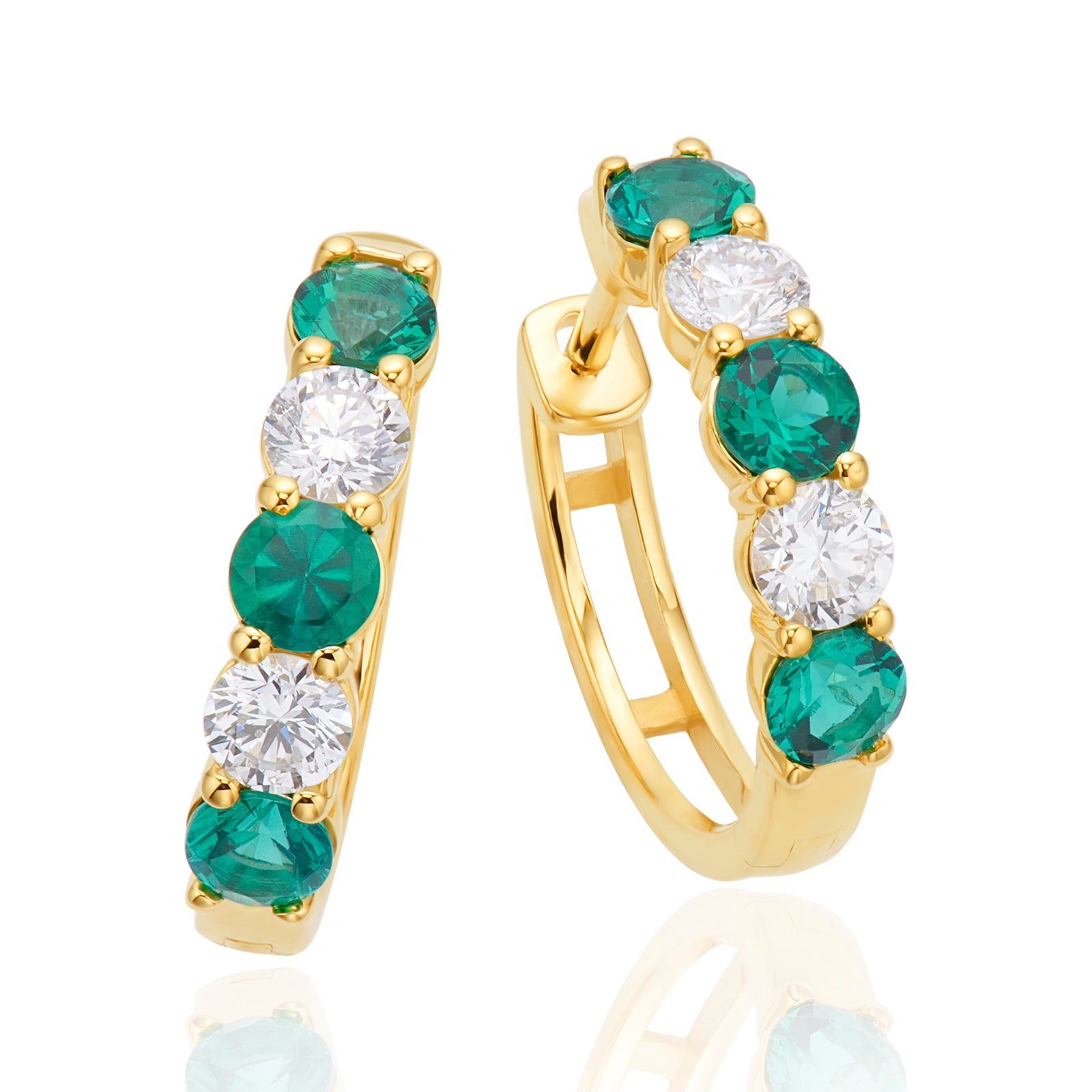 9ct Yellow Gold Round 3mm Lab Grown Emerald and Lab Grown Diamond Huggie Earrings