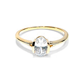 A yellow gold solitaire ring featuring an oval-cut clear gemstone in a prong setting, shown on a clean white background.