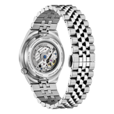 Silver Citizen watch with a detailed back on a white background
