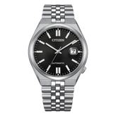Silver Citizen watch with black dial on a white background