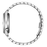 Silver watch with silver band side view on a white background
