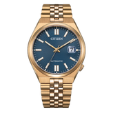 Gold wristwatch with blue dial on a white background