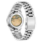 Silver Citizen watch with mechanical components on a white background