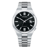 Silver Citizen watch with black dial on a white background