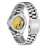 Silver Citizen watch with a visible mechanical movement on back of watch on a white background