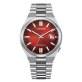 Citizen watch with red face and silver band on a white background