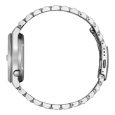 Side view of a silver watch with band on a white background