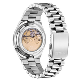 Silver Citizen watch with mechanical components on a white background