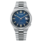 Silver watch with blue dial on a white background