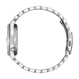 Silver watch side view on a white background