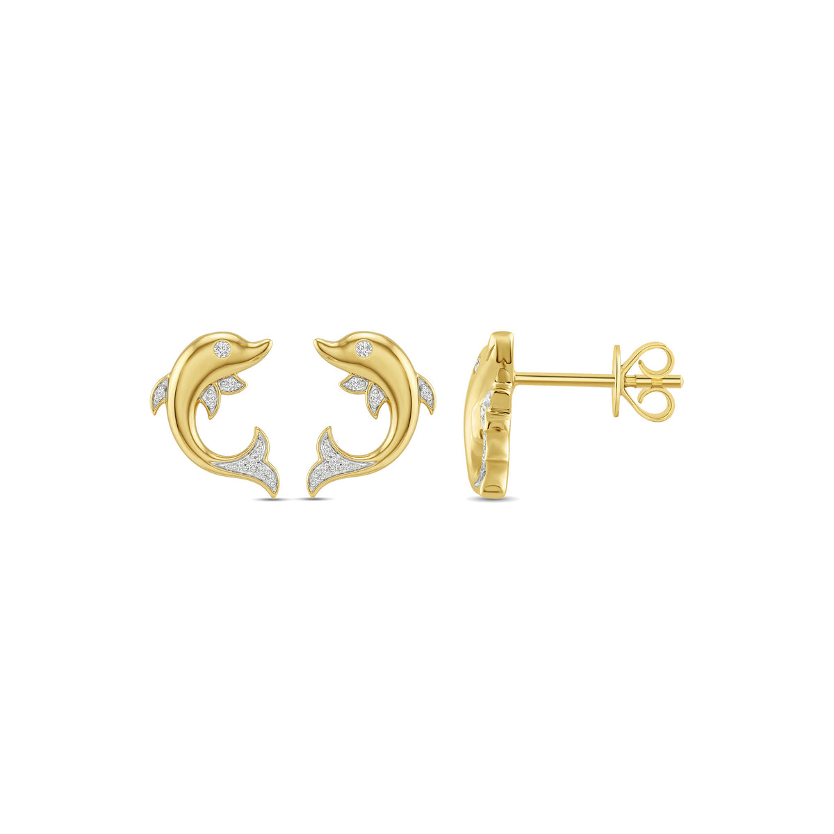 Gold Plated Sterling Silver Round Cut 0.05 Carat tw Lab Grown Diamond Dolphin Earrings