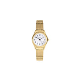 A women's analog watch with a gold-tone metal link bracelet, a round gold-tone case, and a white dial with black Arabic numerals, shown against a plain white background.