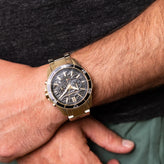 A close view of a man wears in Armani Exchange Spencer Chronograph Watch AX1958