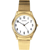 A gold-tone analog watch with a white dial and black numerals, featuring a matching gold-tone metal link bracelet, shown against a plain white background.