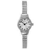 A silver-tone women's watch with a textured link bracelet, a silver dial, and black Arabic numerals, shown against a plain white background.