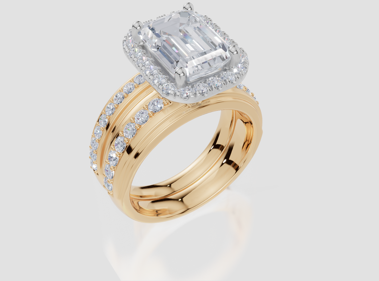 18ct Yellow Gold Emerald Cut 3.69 Carat tw of  Diamonds Ring and 18ct Yellow Gold 0.32 Carat tw of   Diamonds Band
