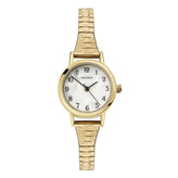 A Sekonda women's watch featuring a textured gold-tone metal link bracelet, a gold-tone round case, and a white dial with black Arabic numerals.
