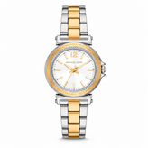 Michael Kors women's two-tone stainless steel and gold-tone watch with a white dial, crystal-embellished bezel, and gold-tone markers.