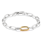 Silver chain bracelet with a gold link on a white background