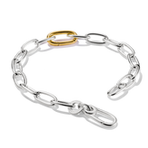 Silver chain bracelet with a gold link on a white background