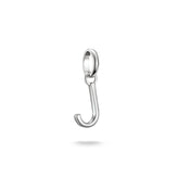 Silver J shaped pendant on a white background