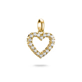 Gold heart-shaped pendant with diamonds on a white background