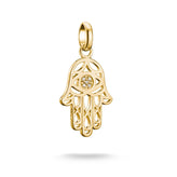 Gold Hamsa hand pendant with a white zirconia on a white background