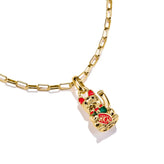 Gold necklace with a cat-shaped pendant on a white background