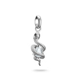 Silver snake-shaped pendant with a clear gemstone on a white background