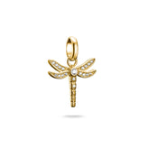 Gold dragonfly pendant with Zirconia accents on a white background