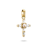 Gold cross pendant with a pearl and clear stones on a white background