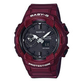A Casio Baby-G watch with a textured dark red resin case and strap, featuring a black analog dial with silver hands and a digital display window.