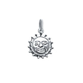 A sterling silver sun face charm pendant with a detailed smiling sun design and a top bail, shown on a plain white background.
