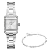 A silver-tone women's watch with a rhinestone-accented rectangular bezel and matching metal link bracelet, shown alongside a matching silver chain bracelet on a plain white background.