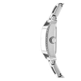 A close-up side profile of a stainless steel watch with a matching metal link bracelet, set against a plain white background.