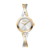 Two-tone gold and silver watch with DKNY logo on a white background