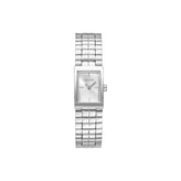 A DKNY women's stainless steel watch with a rectangular silver case and a matching silver link bracelet, shown against a plain white background.