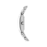 A silver stainless steel watch shown from a side profile view against a solid white background.